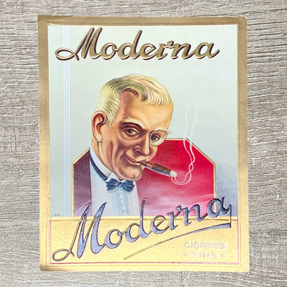 Vintage Moderna Cigars Man Smoking Cigares Fins Advertising Box Cigar Label Rare
