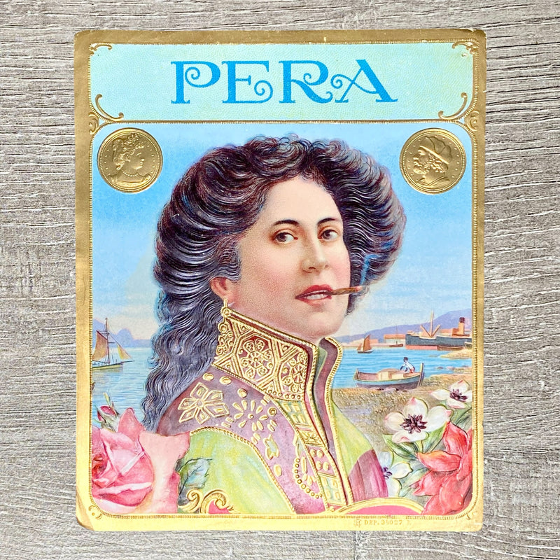 Vintage Pera Cigars Advertising Cigar Box Label Gold Embossed Early 20th Century