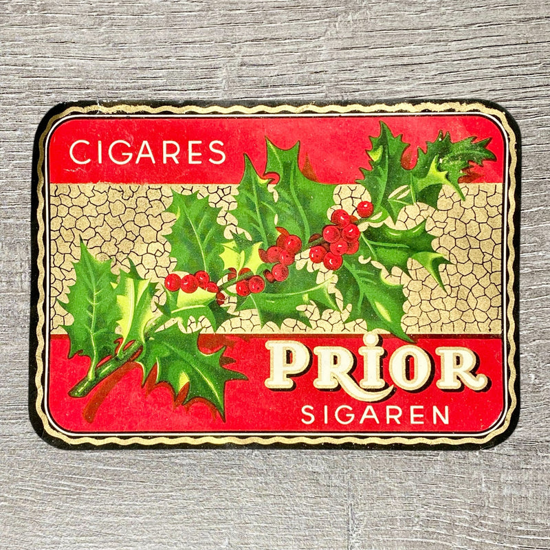 Vintage Prior Sigaren Cigars Festive Holly Design Cigar Box Label Gold Tone Rare