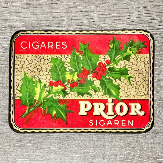 Vintage Prior Sigaren Cigars Festive Holly Design Cigar Box Label Gold Tone Rare