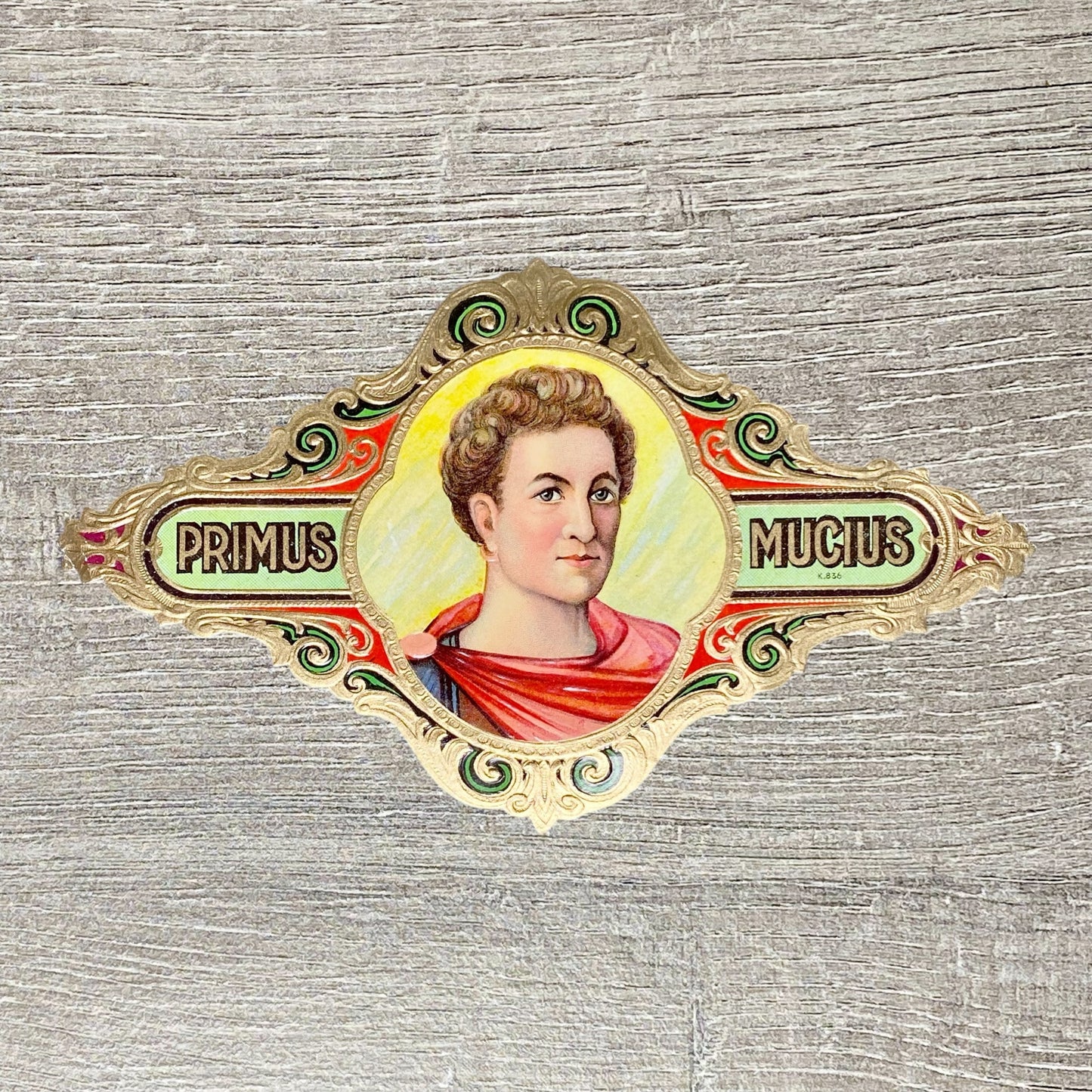 Late 19th Century Primus Mucius Cigars Advertising Portrait Cigar Box Label Gold