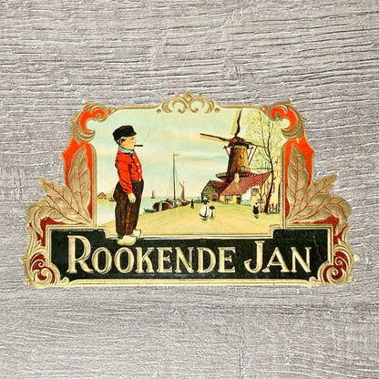 Vintage Rookende Jan Cigars Advertising Portrait Cigar Box Label Gold Embossed
