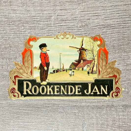 Vintage Rookende Jan Cigars Advertising Portrait Cigar Box Label Gold Embossed