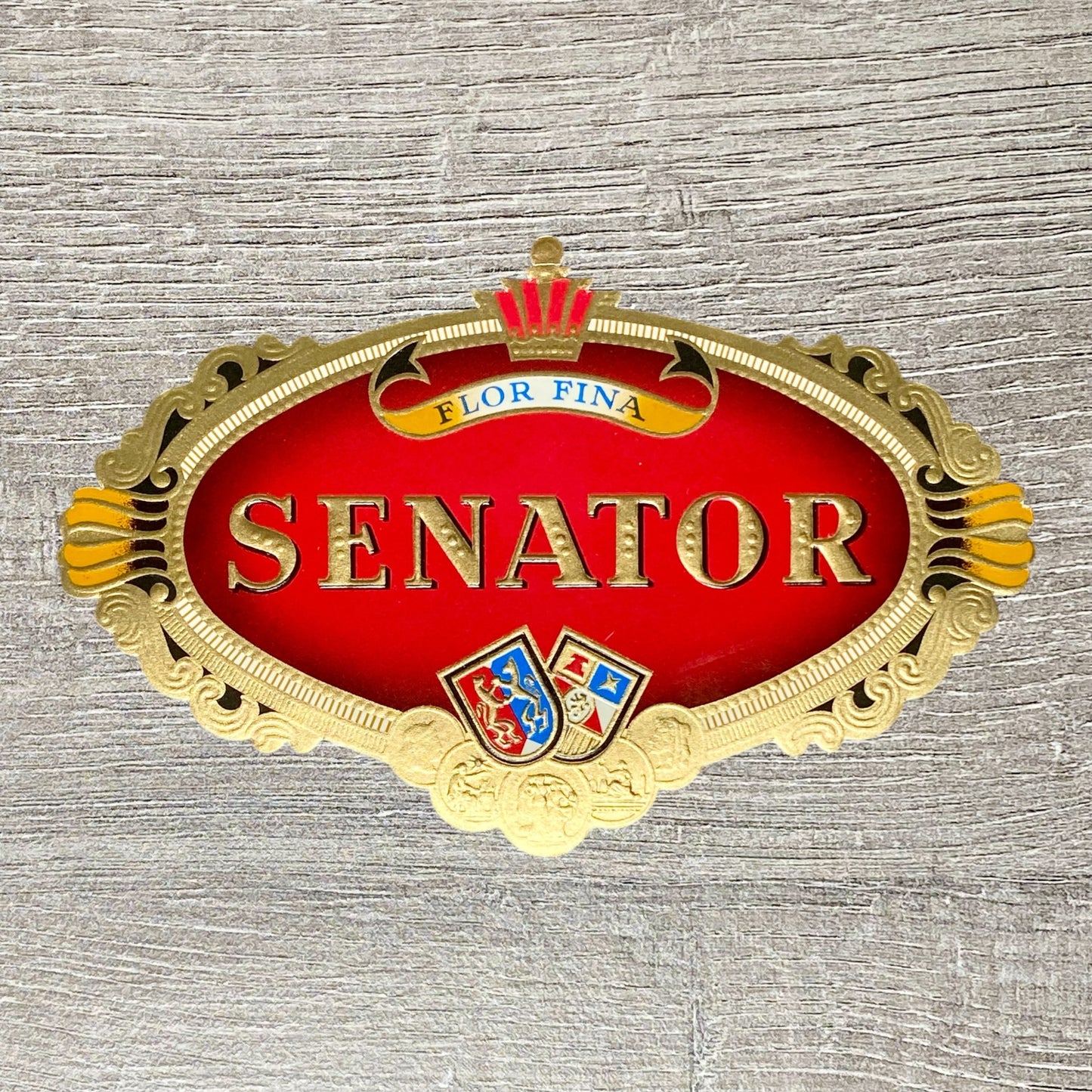 Vintage Flor Fina Senator Cigars Advertising Cigar Box Tobacco Paper Label Gold