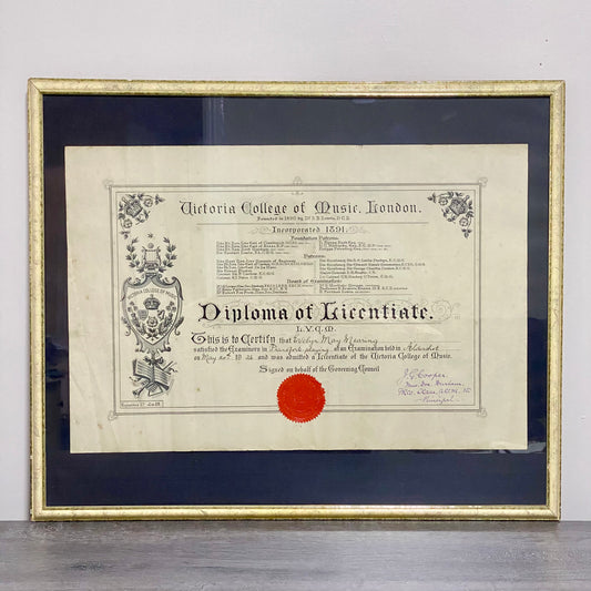 Antique Diploma Of Licentiate Victoria College Music London Signed Print Framed
