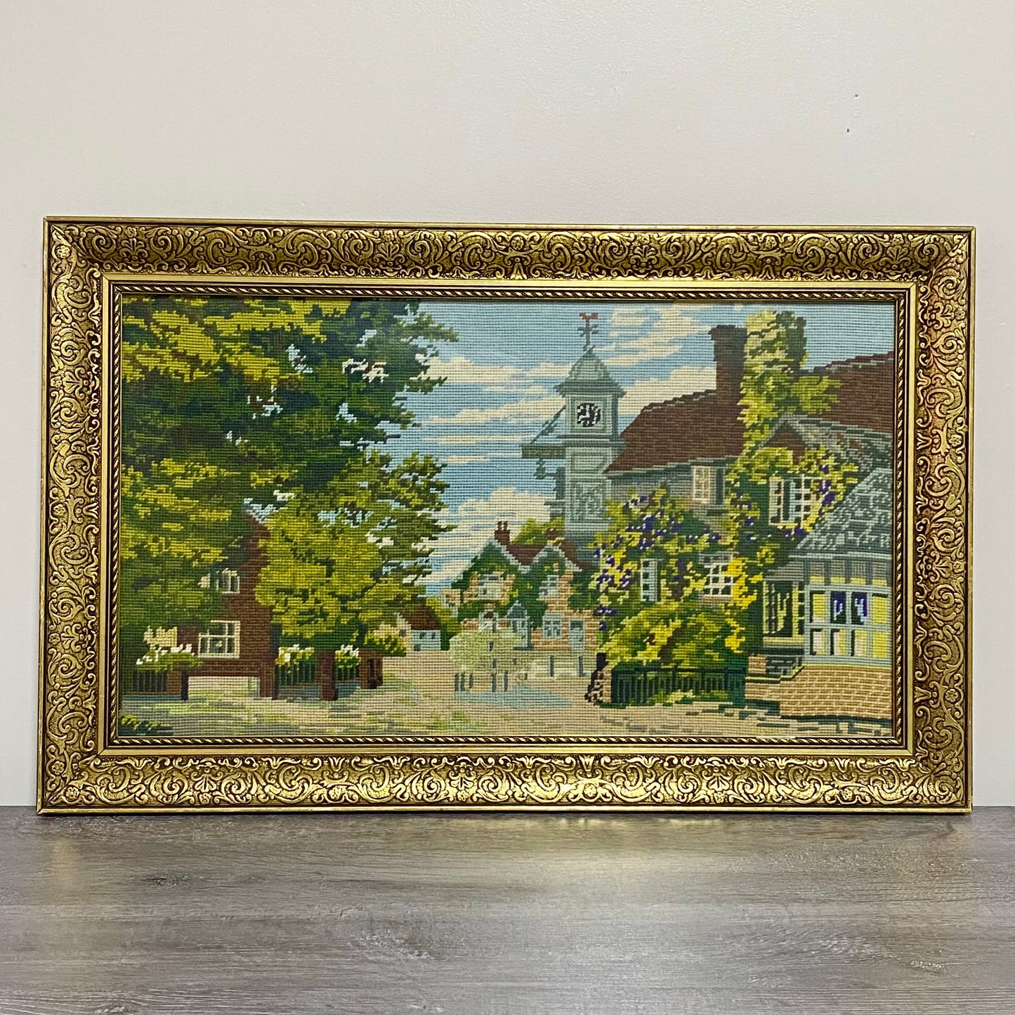 Vintage Village Church Scenery Tapestry Needlepoint Display Art Gold Framed Rare