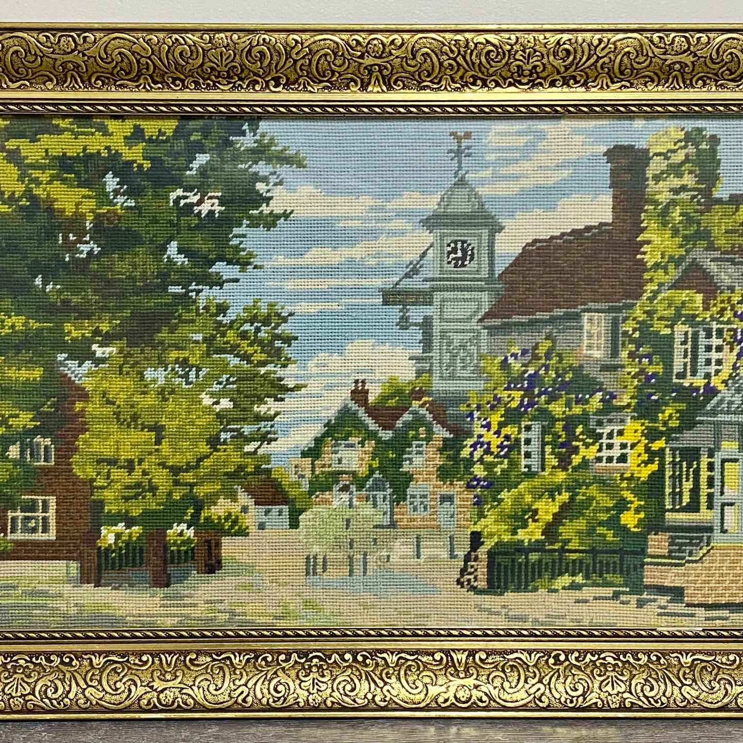 Vintage Village Church Scenery Tapestry Needlepoint Display Art Gold Framed Rare