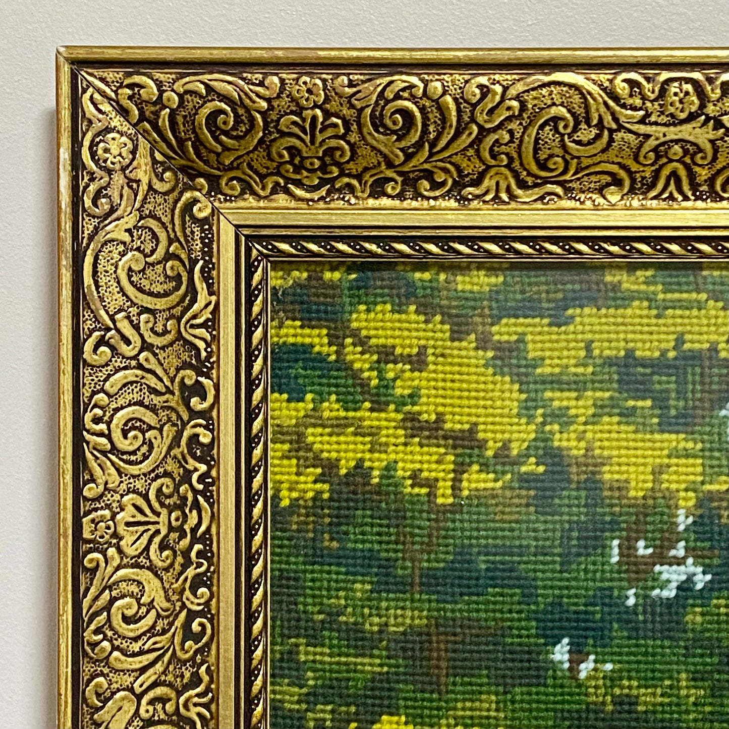 Vintage Village Church Scenery Tapestry Needlepoint Display Art Gold Framed Rare