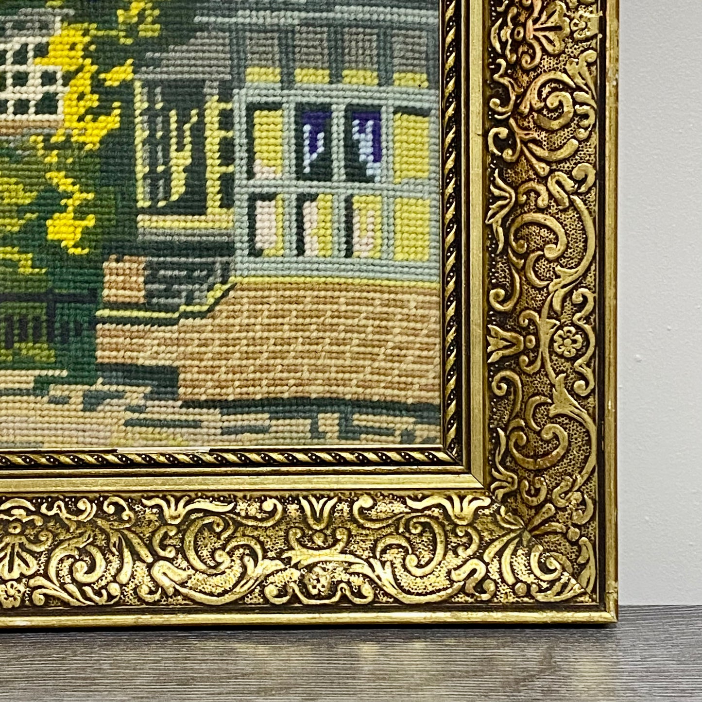 Vintage Village Church Scenery Tapestry Needlepoint Display Art Gold Framed Rare