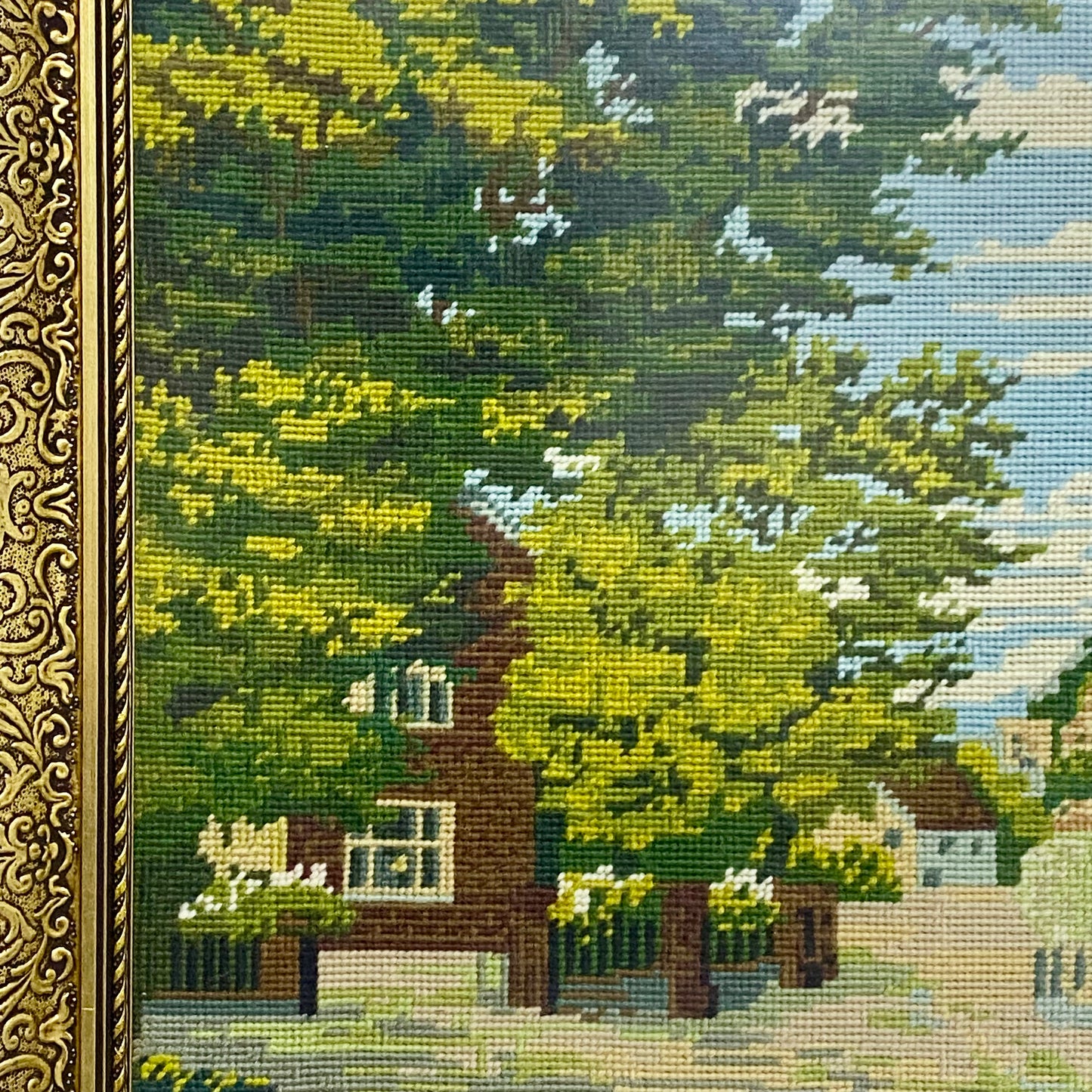 Vintage Village Church Scenery Tapestry Needlepoint Display Art Gold Framed Rare