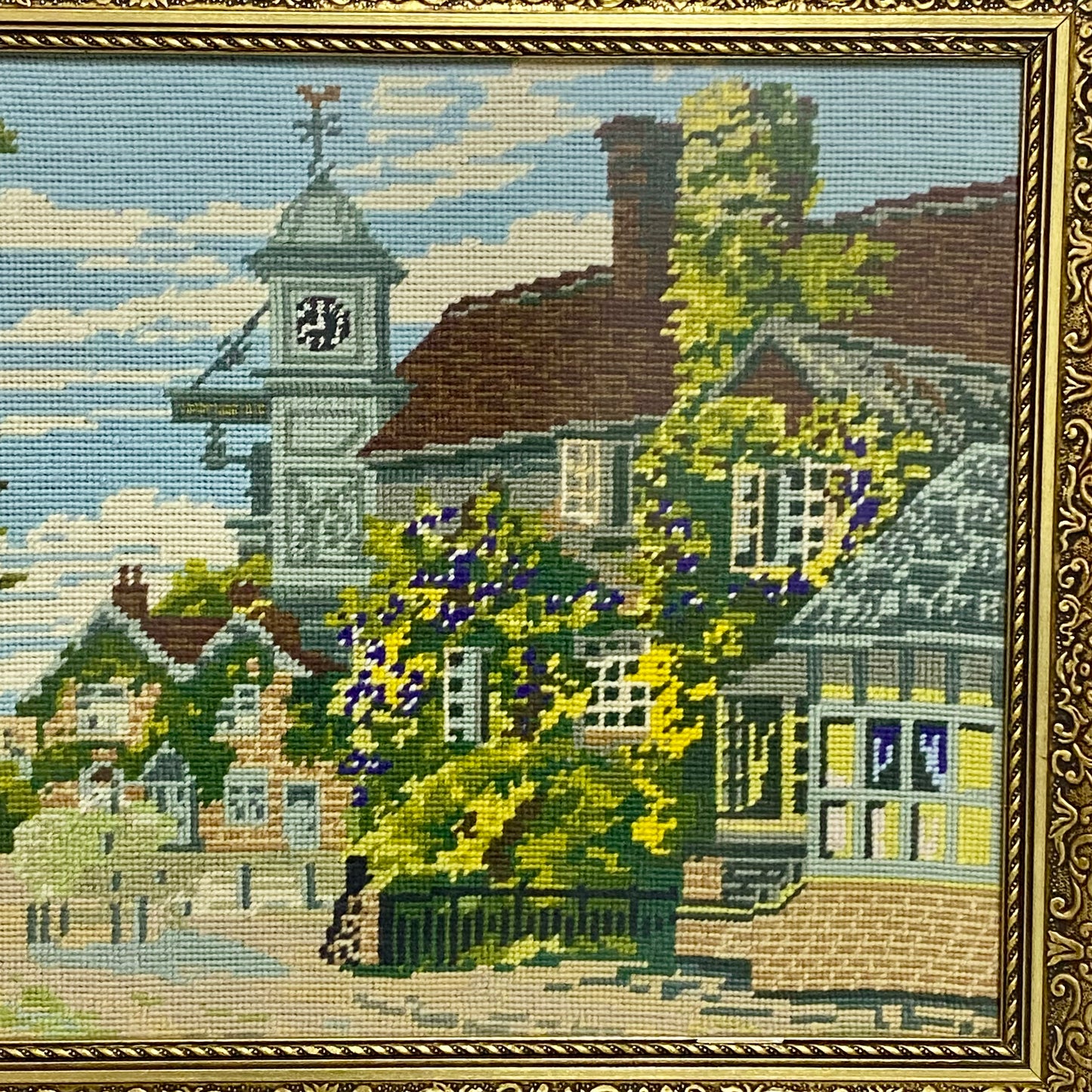 Vintage Village Church Scenery Tapestry Needlepoint Display Art Gold Framed Rare