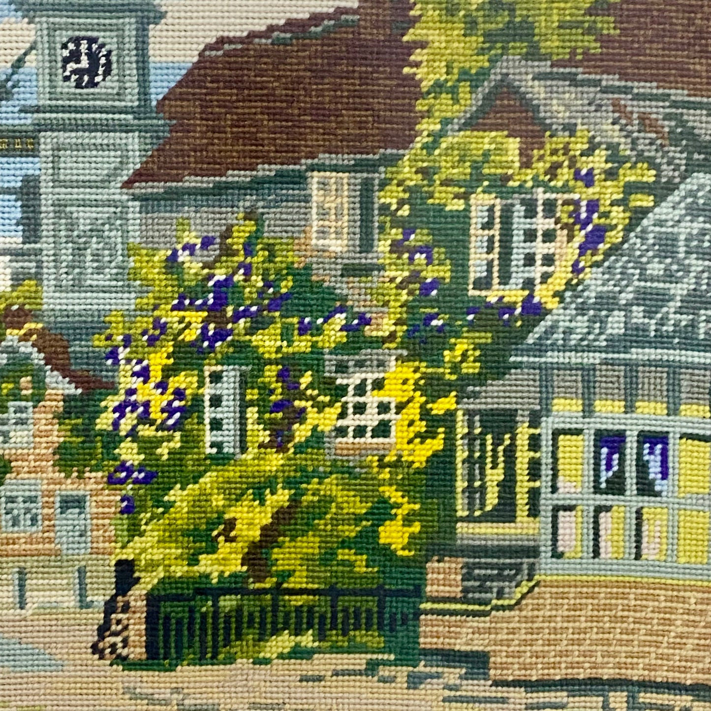 Vintage Village Church Scenery Tapestry Needlepoint Display Art Gold Framed Rare