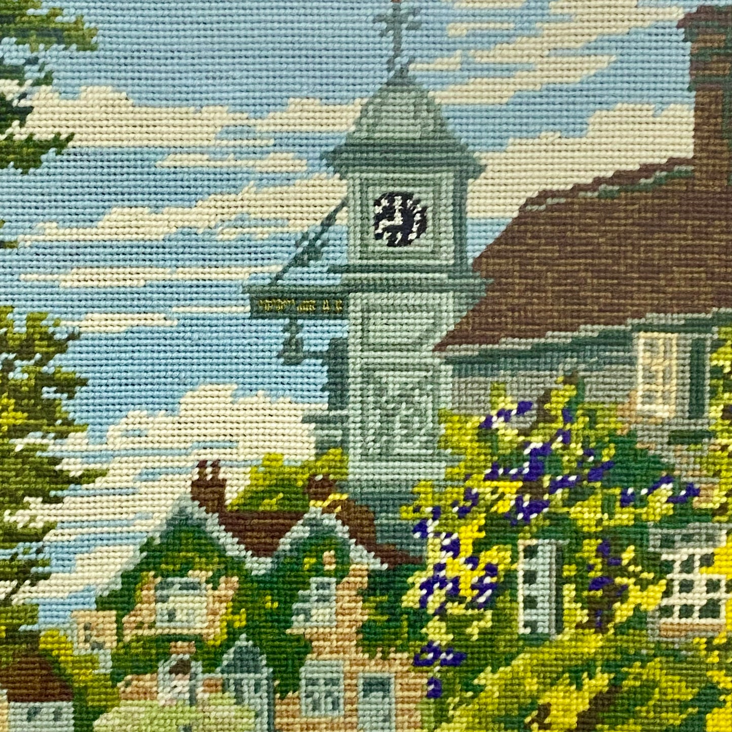 Vintage Village Church Scenery Tapestry Needlepoint Display Art Gold Framed Rare