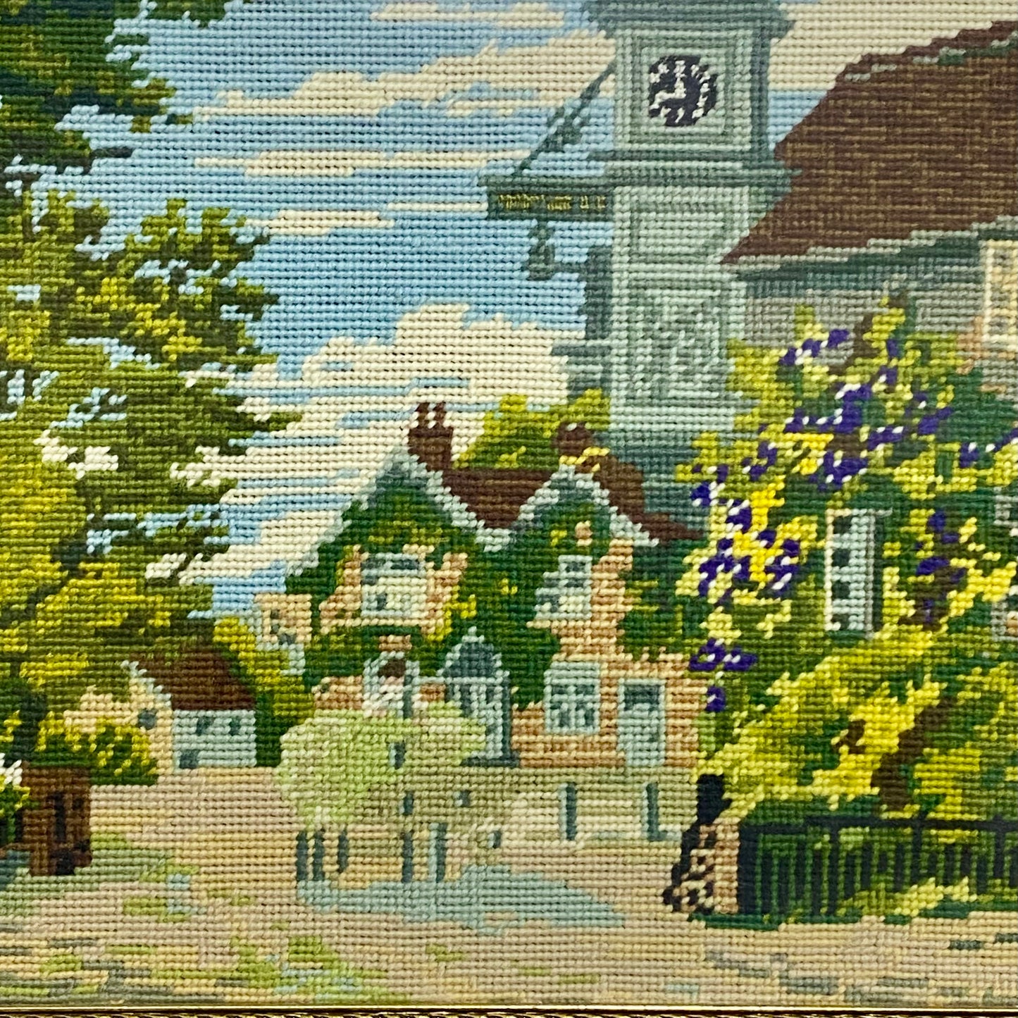 Vintage Village Church Scenery Tapestry Needlepoint Display Art Gold Framed Rare