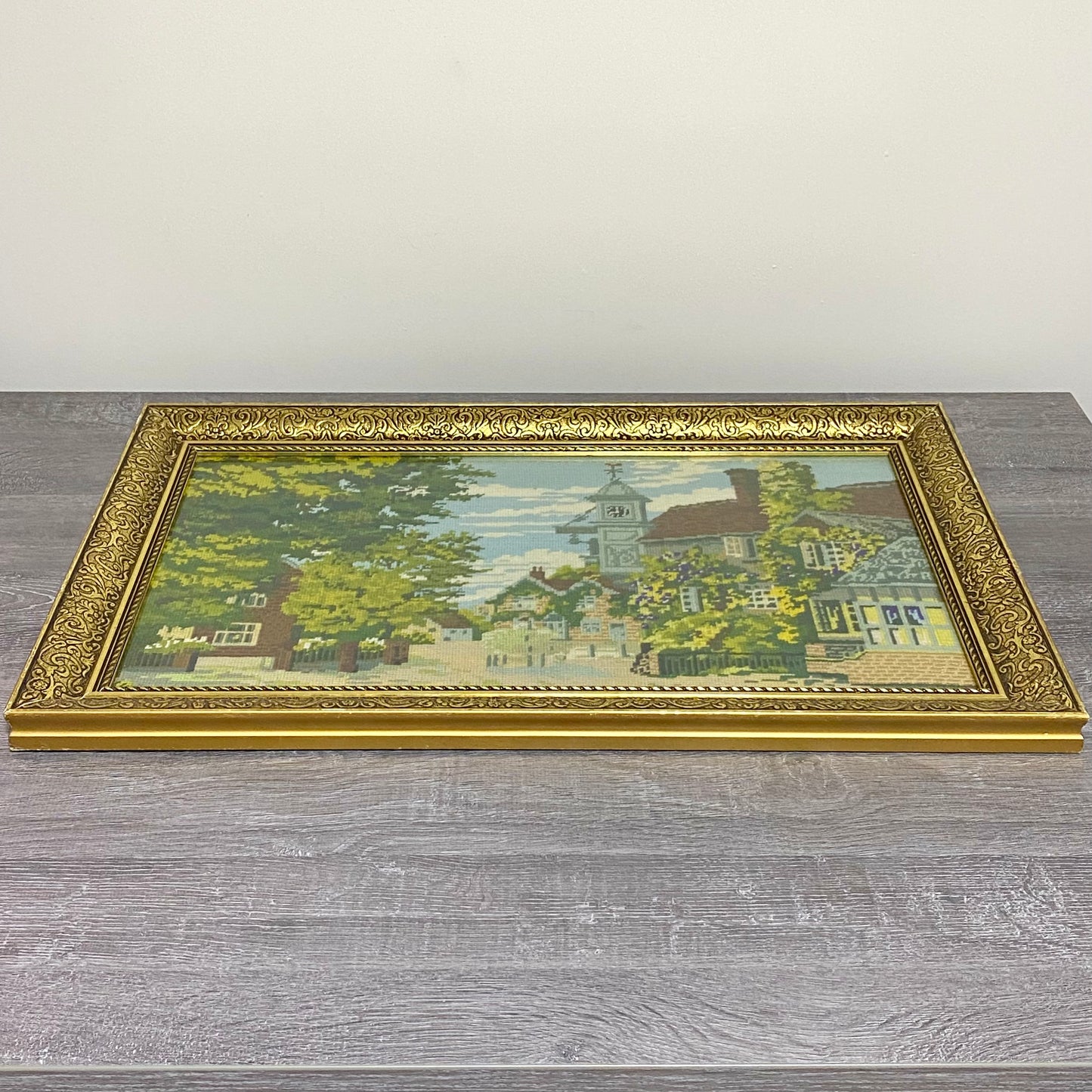 Vintage Village Church Scenery Tapestry Needlepoint Display Art Gold Framed Rare