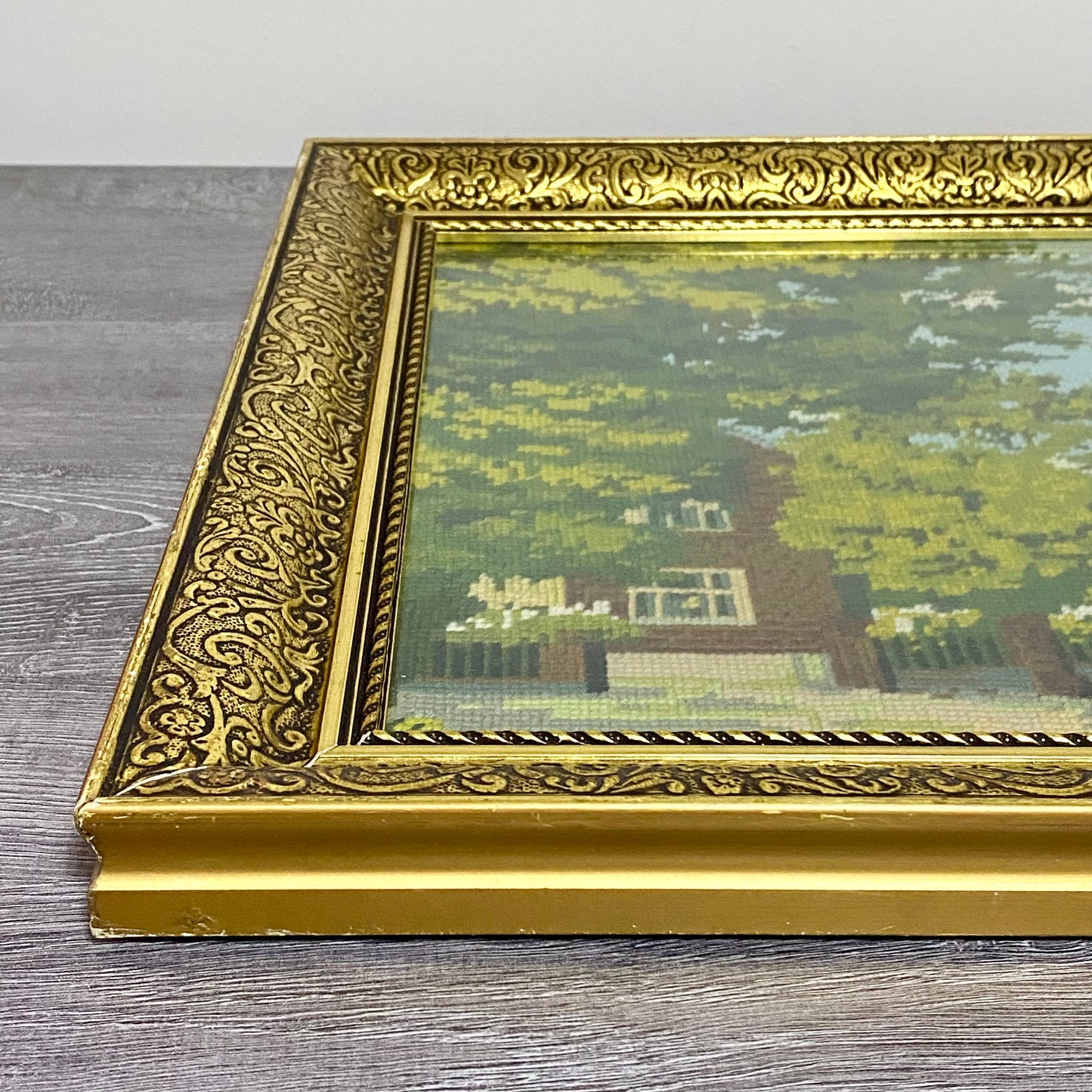 Vintage Village Church Scenery Tapestry Needlepoint Display Art Gold Framed Rare