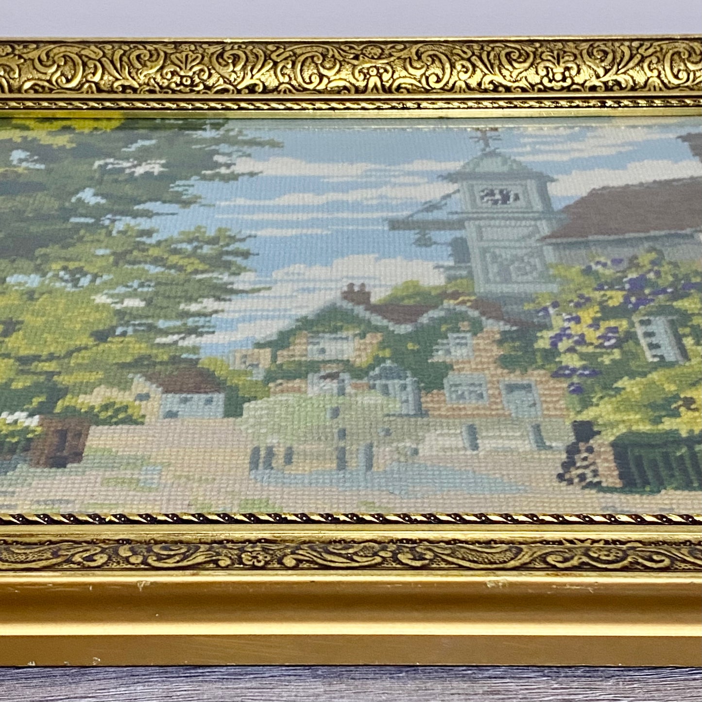 Vintage Village Church Scenery Tapestry Needlepoint Display Art Gold Framed Rare