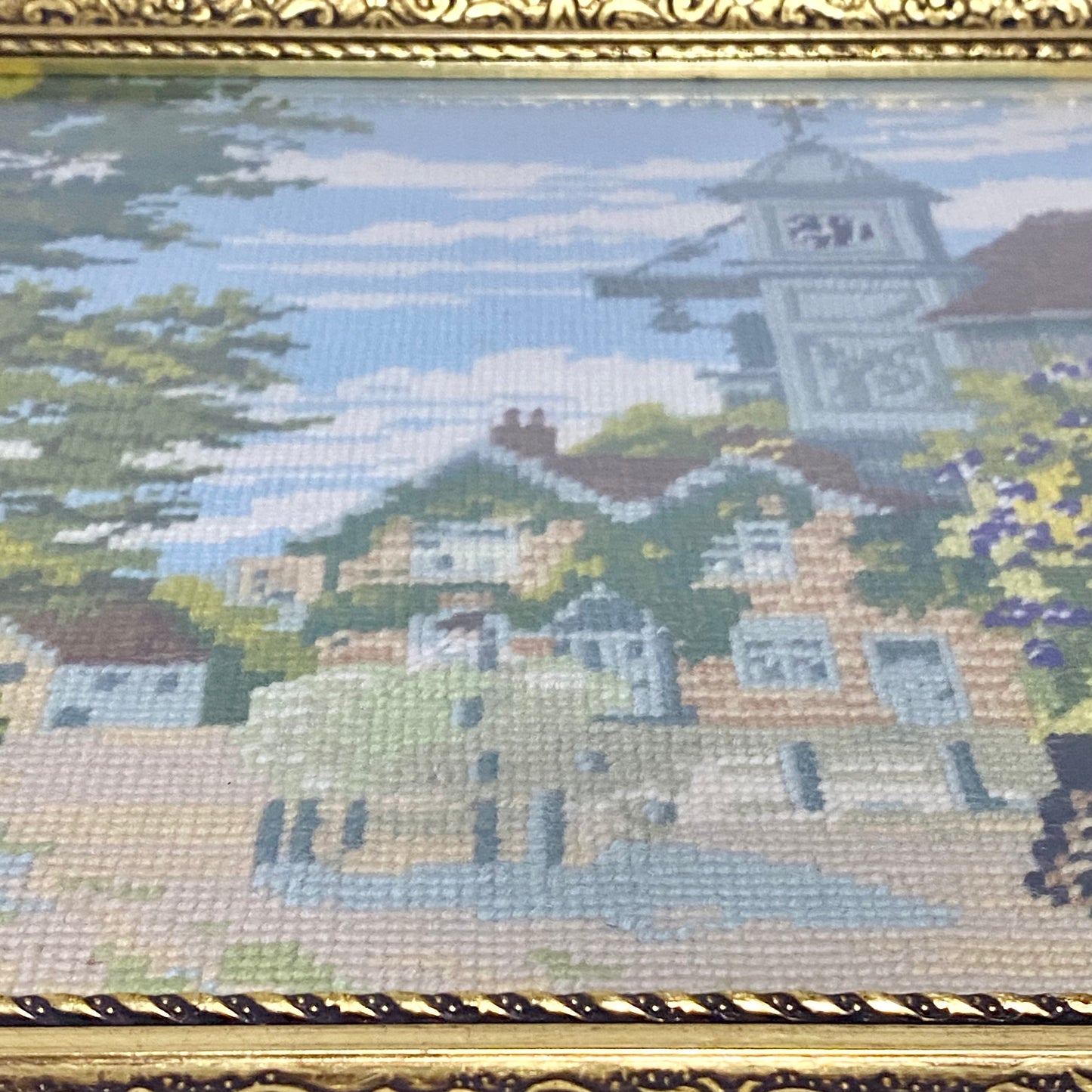 Vintage Village Church Scenery Tapestry Needlepoint Display Art Gold Framed Rare