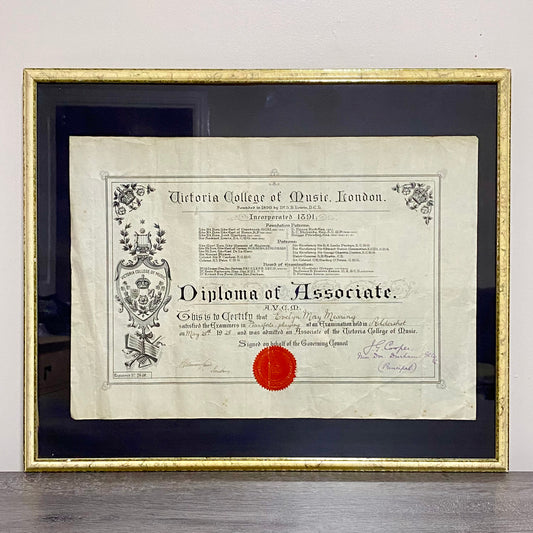 Antique Diploma Of Associate Victoria College Music London Signed Print Framed