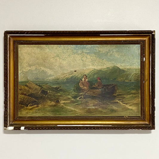 Antique Victorian People Rowing Boat & Dogs Oil On Canvas Signed J Loxton 1900