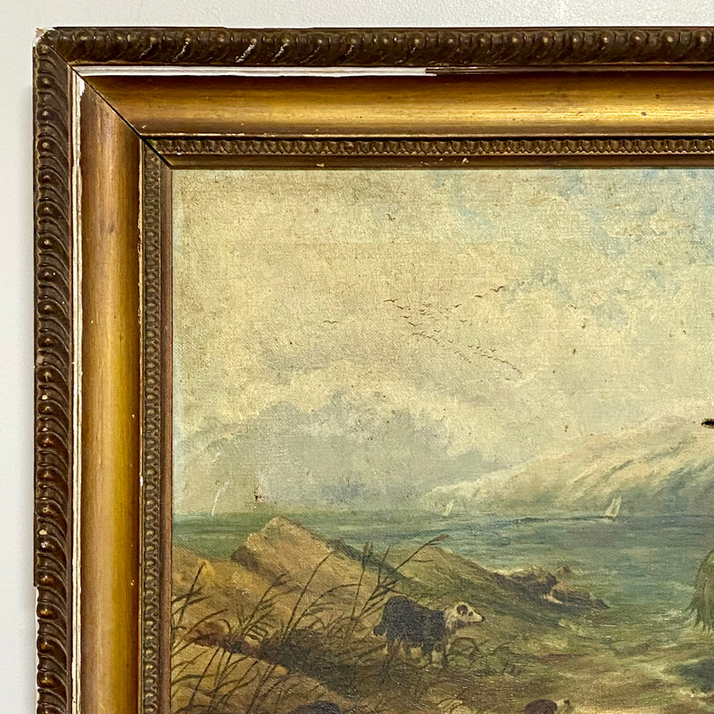 Antique Victorian People Rowing Boat & Dogs Oil On Canvas Signed J Loxton 1900