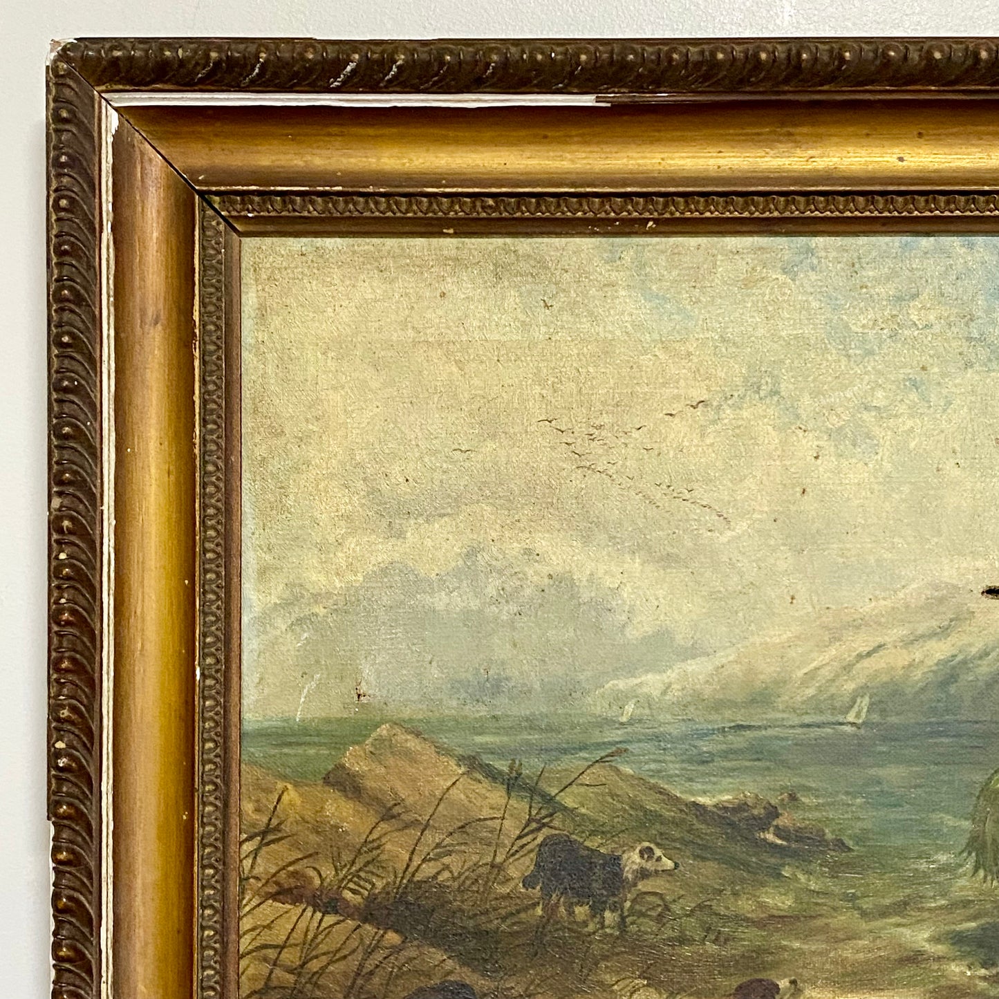 Antique Victorian People Rowing Boat & Dogs Oil On Canvas Signed J Loxton 1900