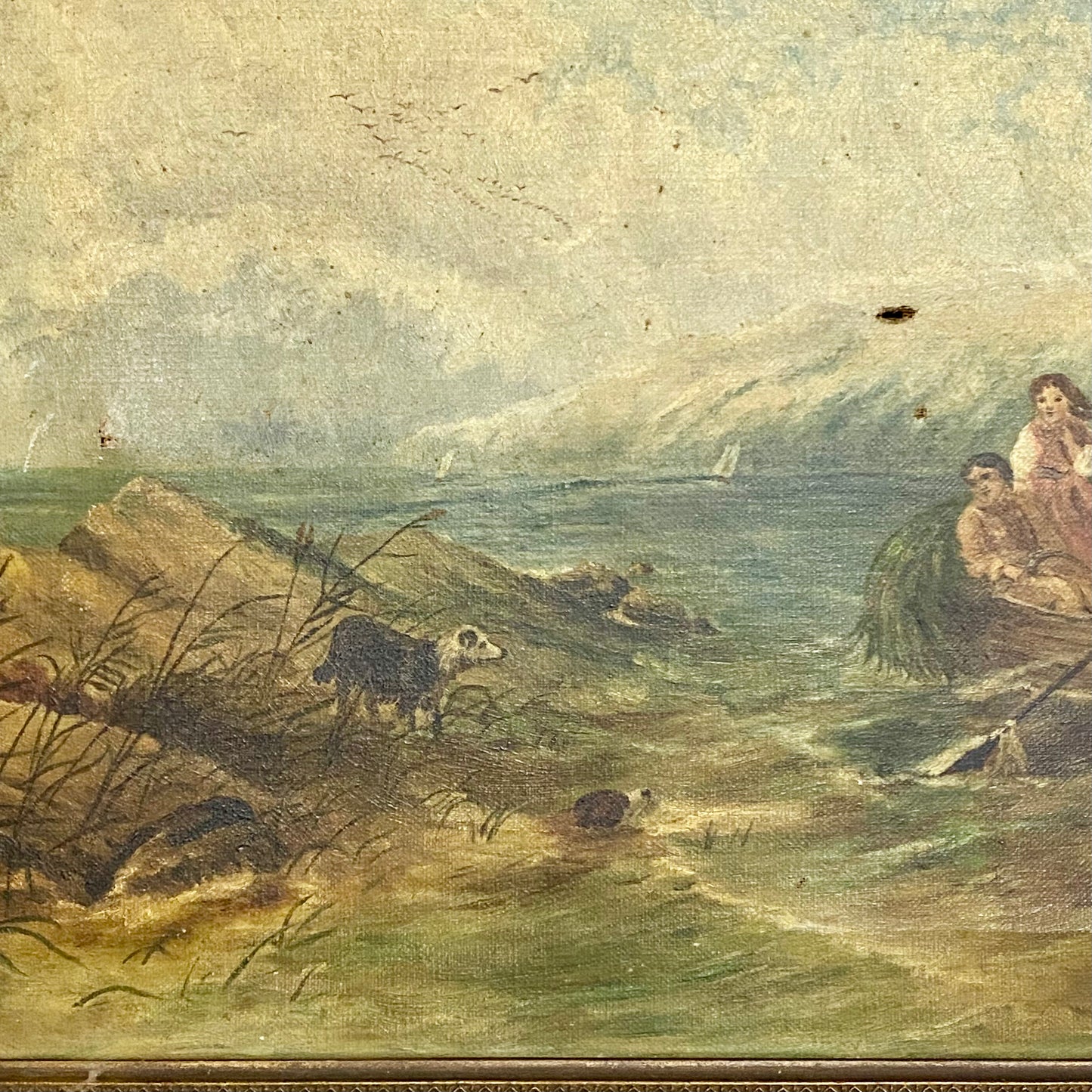 Antique Victorian People Rowing Boat & Dogs Oil On Canvas Signed J Loxton 1900