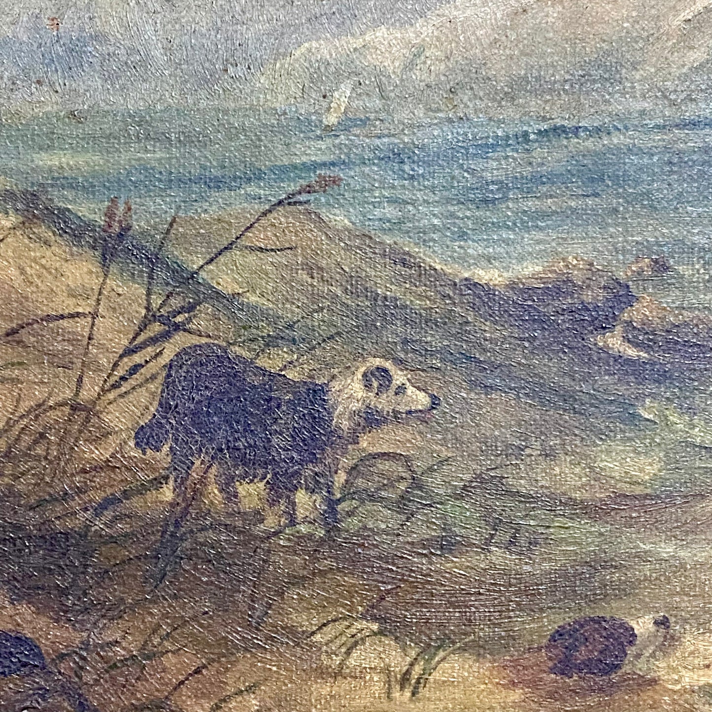 Antique Victorian People Rowing Boat & Dogs Oil On Canvas Signed J Loxton 1900