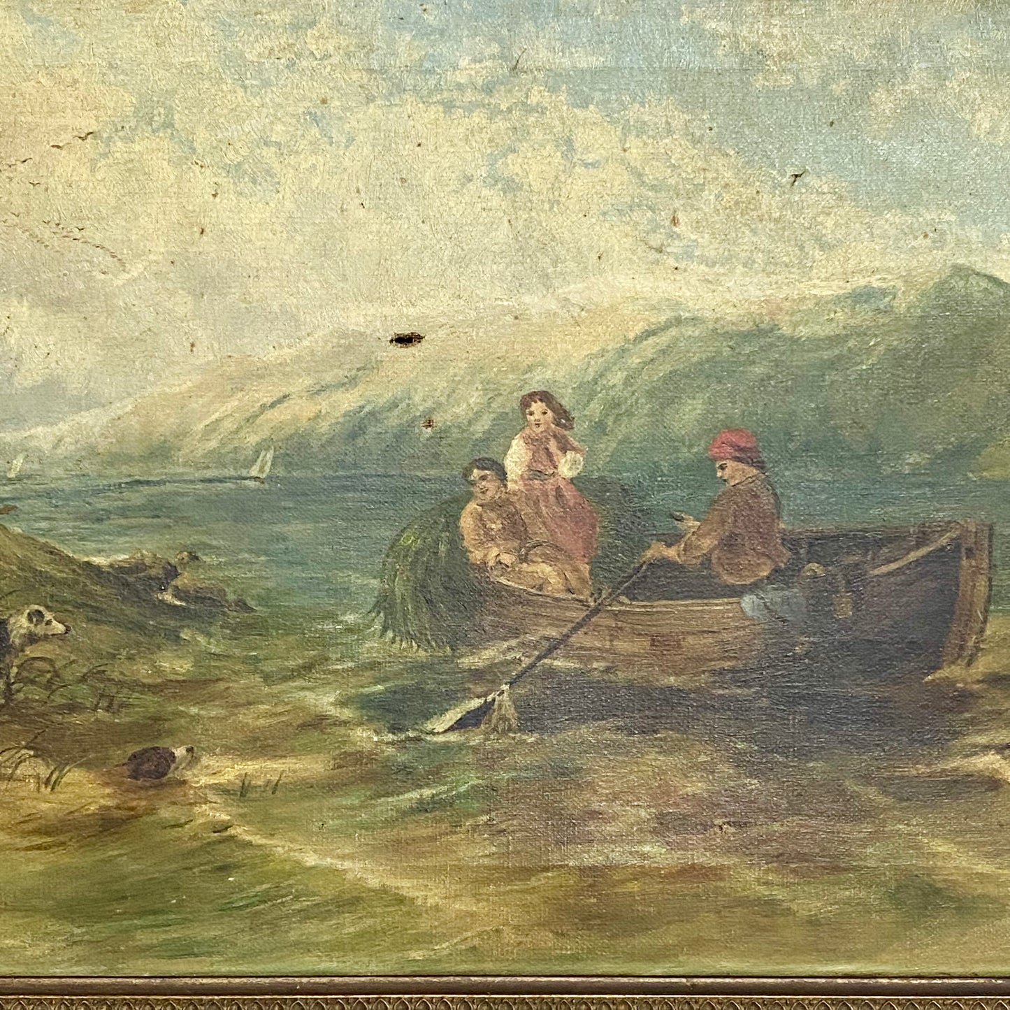 Antique Victorian People Rowing Boat & Dogs Oil On Canvas Signed J Loxton 1900