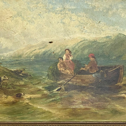 Antique Victorian People Rowing Boat & Dogs Oil On Canvas Signed J Loxton 1900