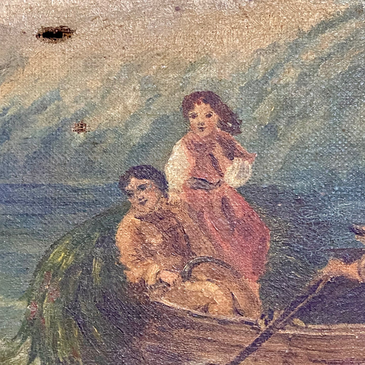 Antique Victorian People Rowing Boat & Dogs Oil On Canvas Signed J Loxton 1900