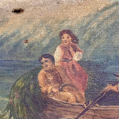 Antique Victorian People Rowing Boat & Dogs Oil On Canvas Signed J Loxton 1900