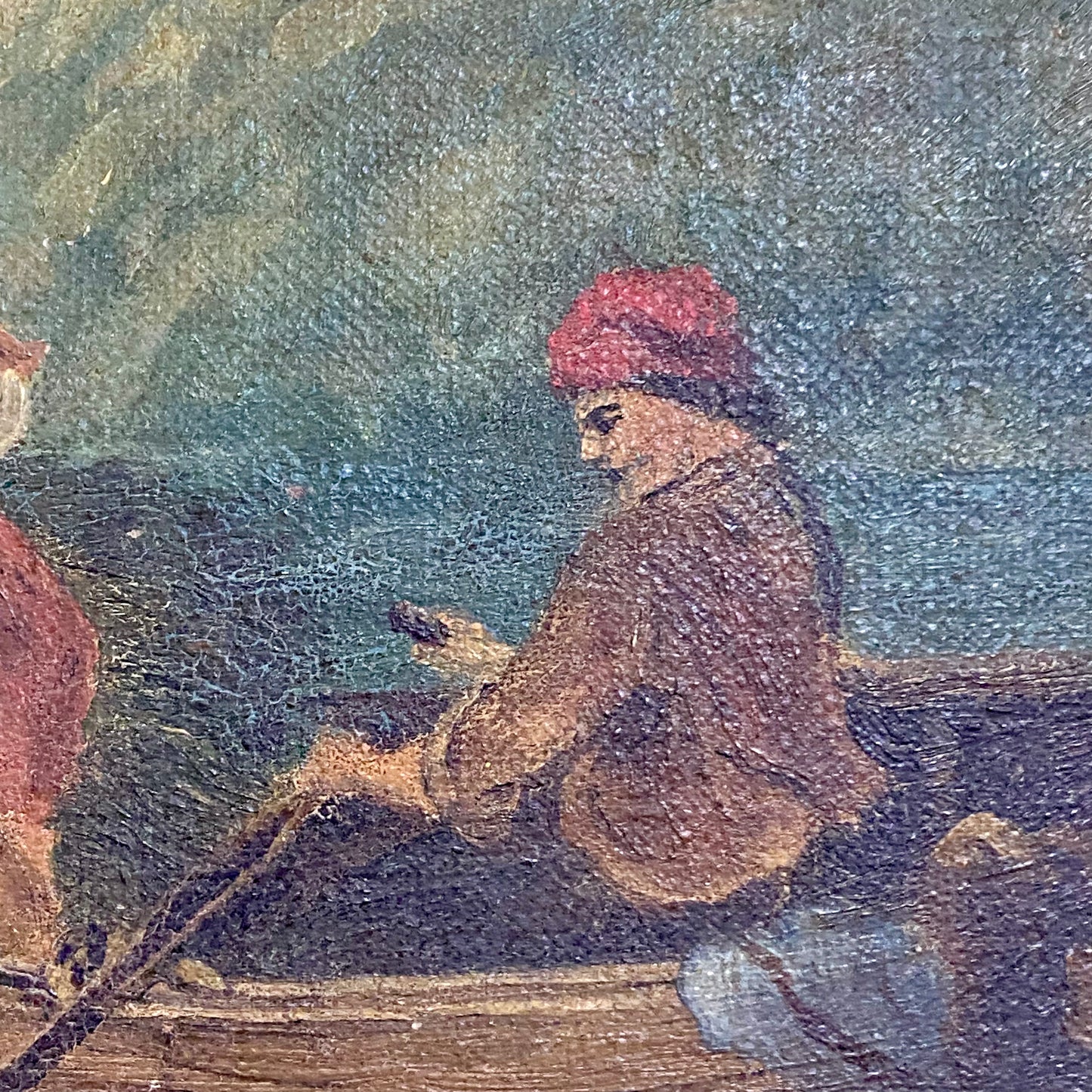 Antique Victorian People Rowing Boat & Dogs Oil On Canvas Signed J Loxton 1900
