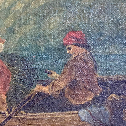 Antique Victorian People Rowing Boat & Dogs Oil On Canvas Signed J Loxton 1900