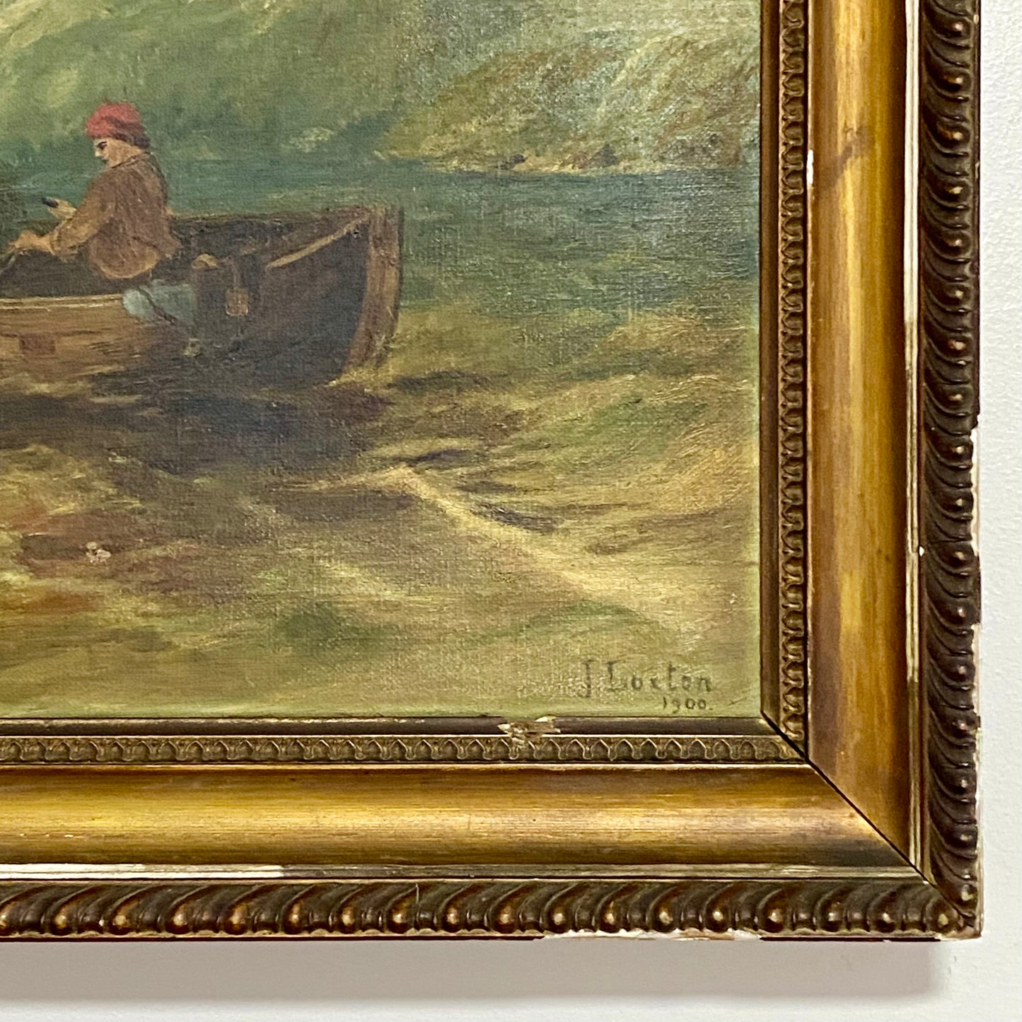 Antique Victorian People Rowing Boat & Dogs Oil On Canvas Signed J Loxton 1900