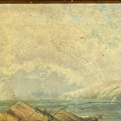 Antique Victorian People Rowing Boat & Dogs Oil On Canvas Signed J Loxton 1900