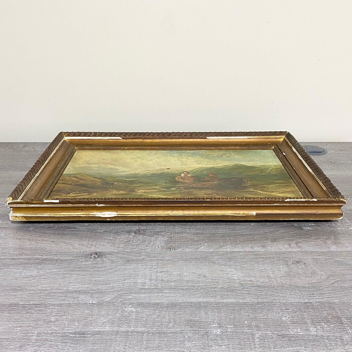 Antique Victorian People Rowing Boat & Dogs Oil On Canvas Signed J Loxton 1900