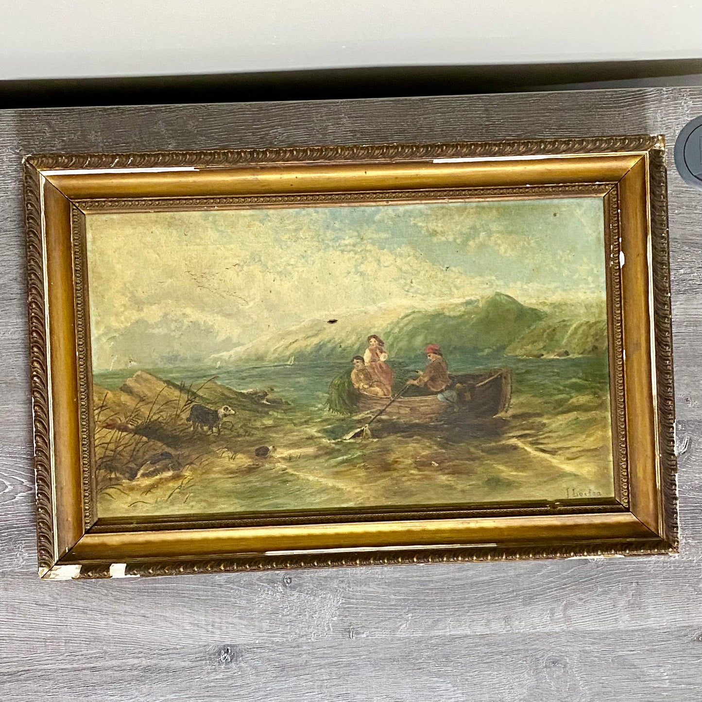 Antique Victorian People Rowing Boat & Dogs Oil On Canvas Signed J Loxton 1900