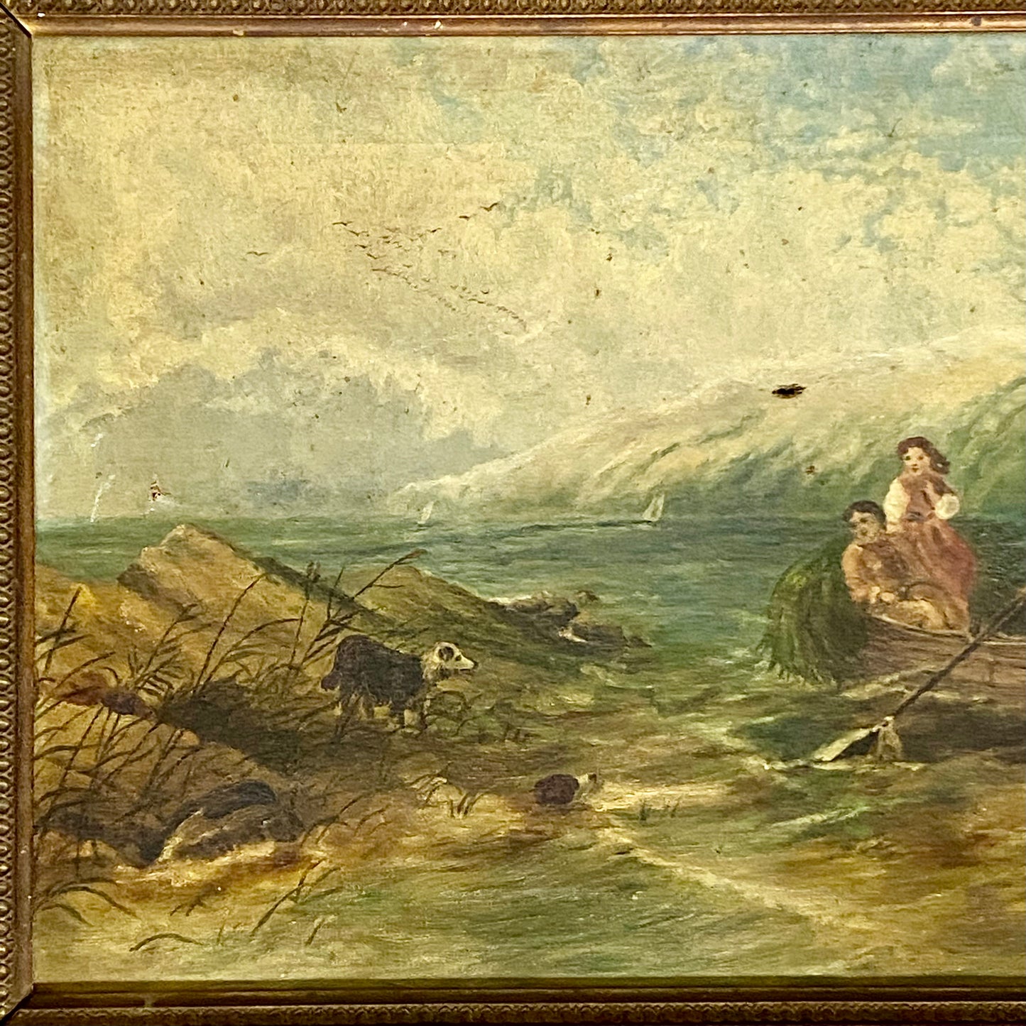 Antique Victorian People Rowing Boat & Dogs Oil On Canvas Signed J Loxton 1900