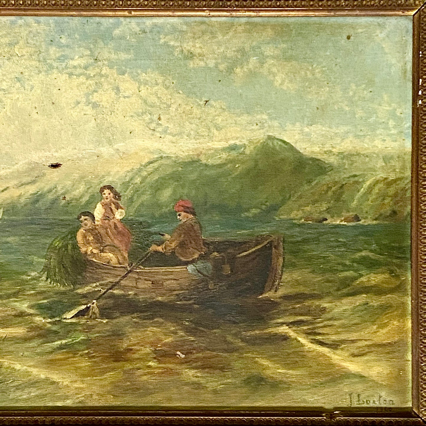 Antique Victorian People Rowing Boat & Dogs Oil On Canvas Signed J Loxton 1900