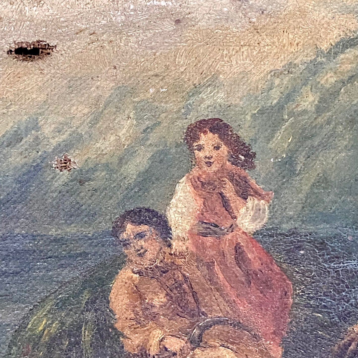Antique Victorian People Rowing Boat & Dogs Oil On Canvas Signed J Loxton 1900