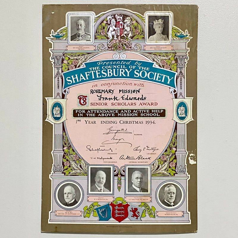 Rosemary Mission Shaftesbury Society 1934 Certificate On Board Signed George V