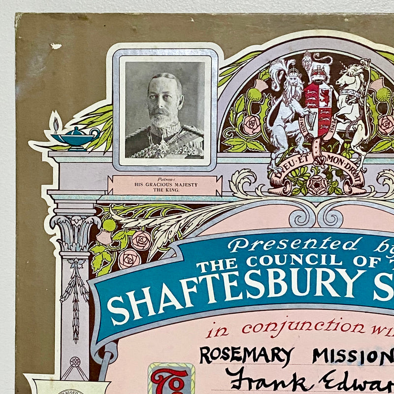 Rosemary Mission Shaftesbury Society 1934 Certificate On Board Signed George V
