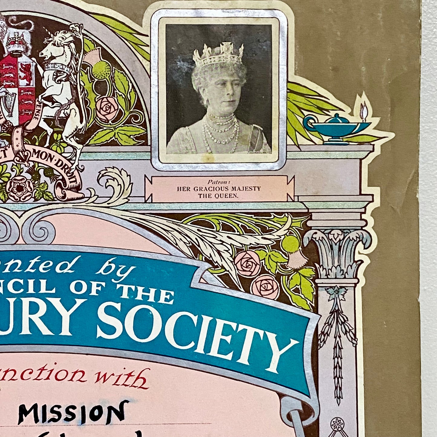 Rosemary Mission Shaftesbury Society 1934 Certificate On Board Signed George V
