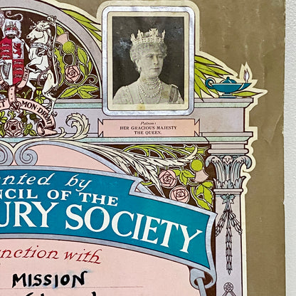 Rosemary Mission Shaftesbury Society 1934 Certificate On Board Signed George V