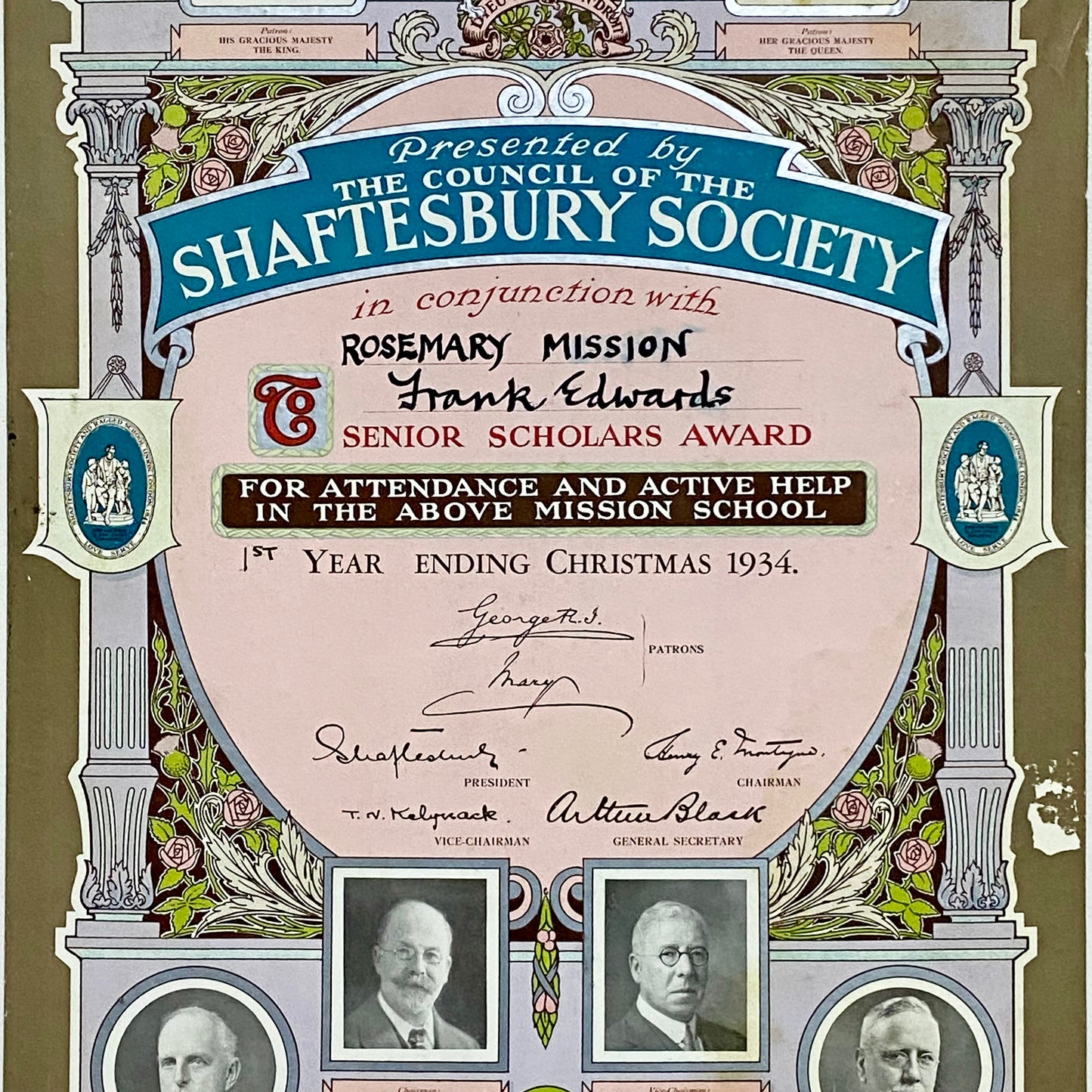 Rosemary Mission Shaftesbury Society 1934 Certificate On Board Signed George V