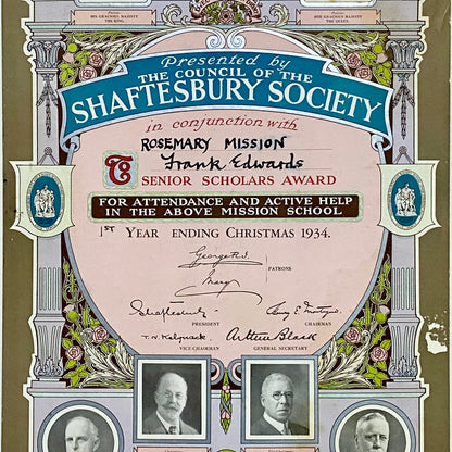 Rosemary Mission Shaftesbury Society 1934 Certificate On Board Signed George V