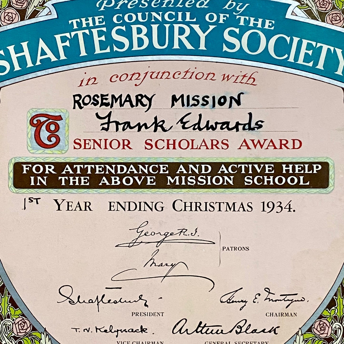 Rosemary Mission Shaftesbury Society 1934 Certificate On Board Signed George V
