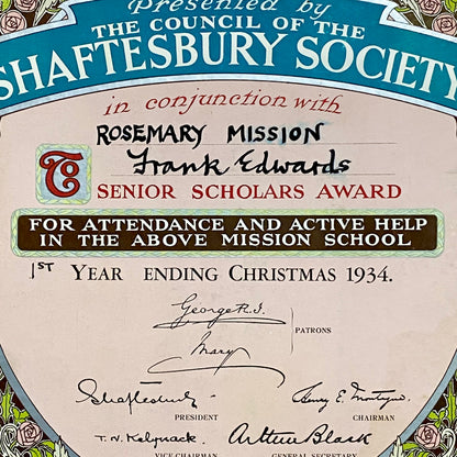 Rosemary Mission Shaftesbury Society 1934 Certificate On Board Signed George V