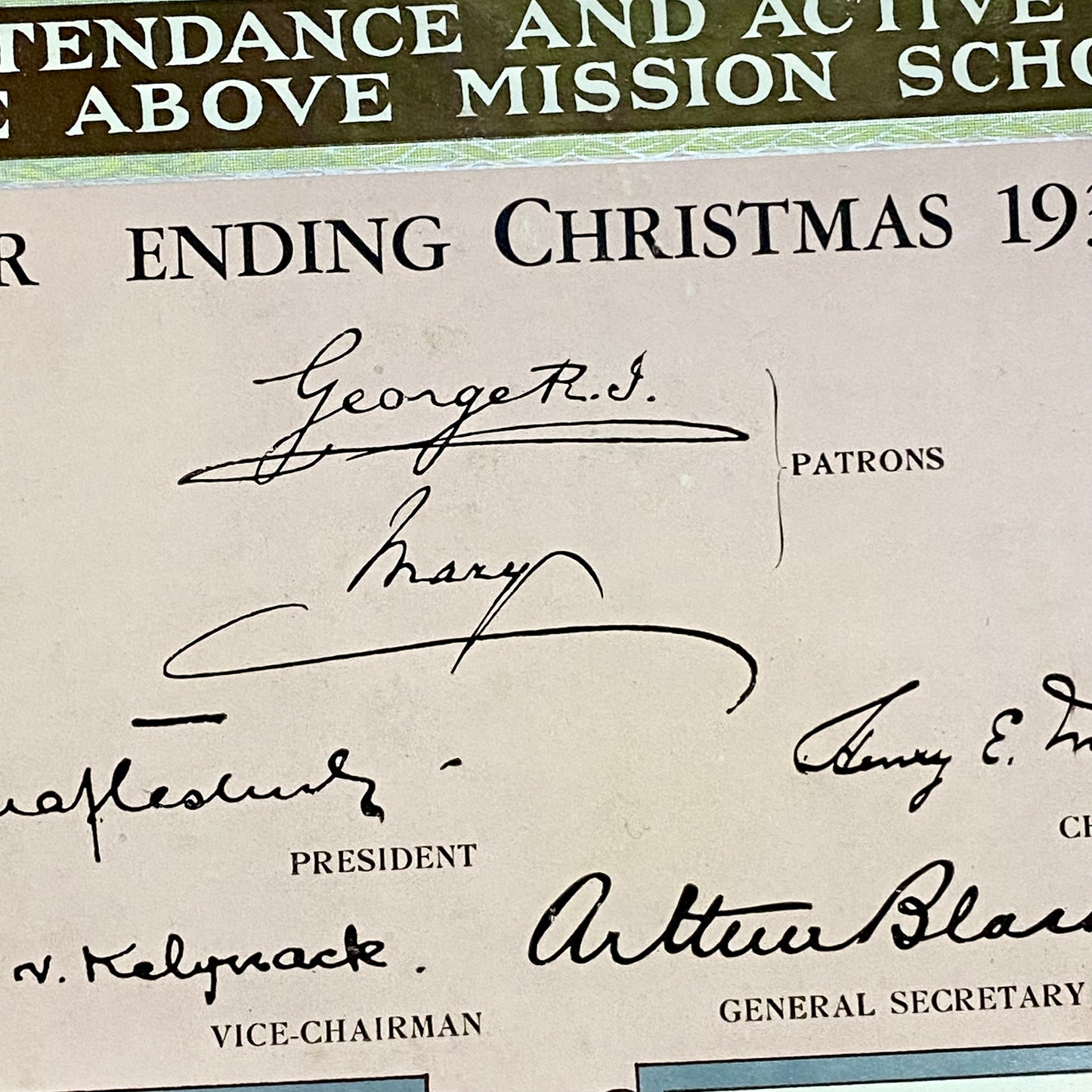 Rosemary Mission Shaftesbury Society 1934 Certificate On Board Signed George V